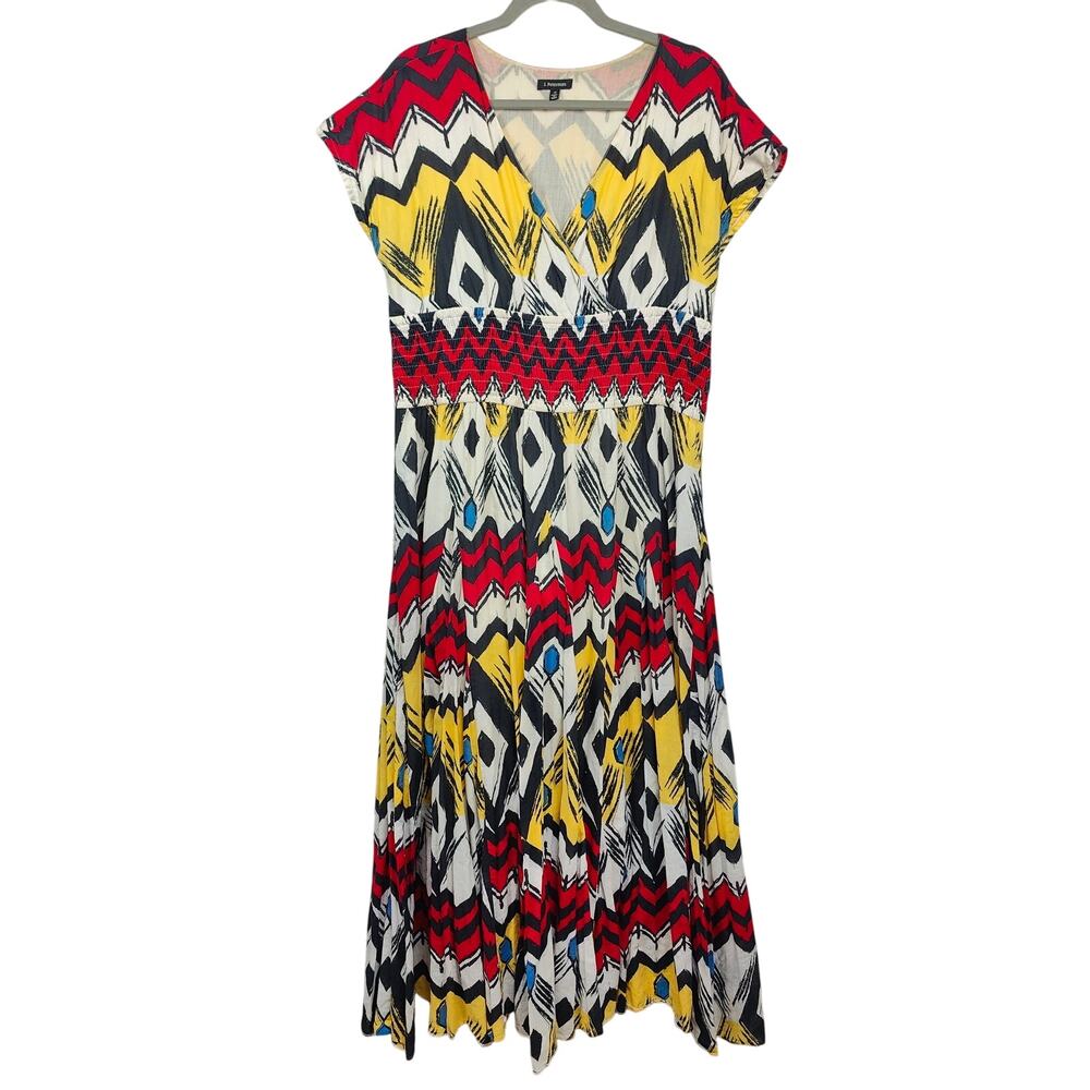 J. Peterman Maxi Dress Womens 12 Red Yellow Tribal Faux Wrap Short Sleeve Preppy